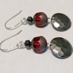 Silver Hammered Disk & Red Faceted Glass Earrings